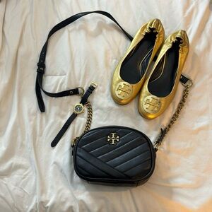 Bundle, Tory Burch Gold Ballet Flats and Black Quilted Bag plus Tory Burch Watch